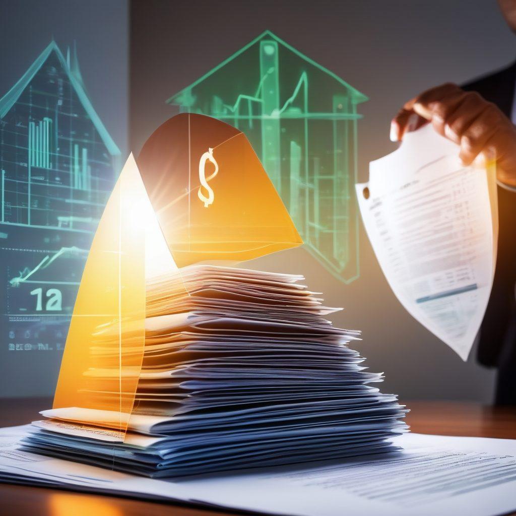 A split image depicting a person balancing insurance documents on one side, with a shield and dollar signs on the other, showcasing protection and cost. The background features a dynamic financial graph, symbolizing growth and savings. Include a light bulb overhead to represent smart choices. modern graphic design. vibrant colors. super-realistic.