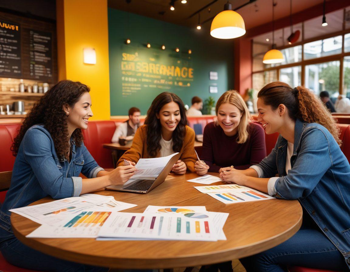 A visually engaging scene depicting a diverse group of people reviewing insurance policies at a cozy café table, with colorful charts and documents spread out. Include a laptop showing an insurance comparison tool, a coffee cup with a 'Smart Choices' slogan, and warm lighting for a welcoming feel. Ensure expressions show relief and understanding. super-realistic. warm colors. vibrant background.